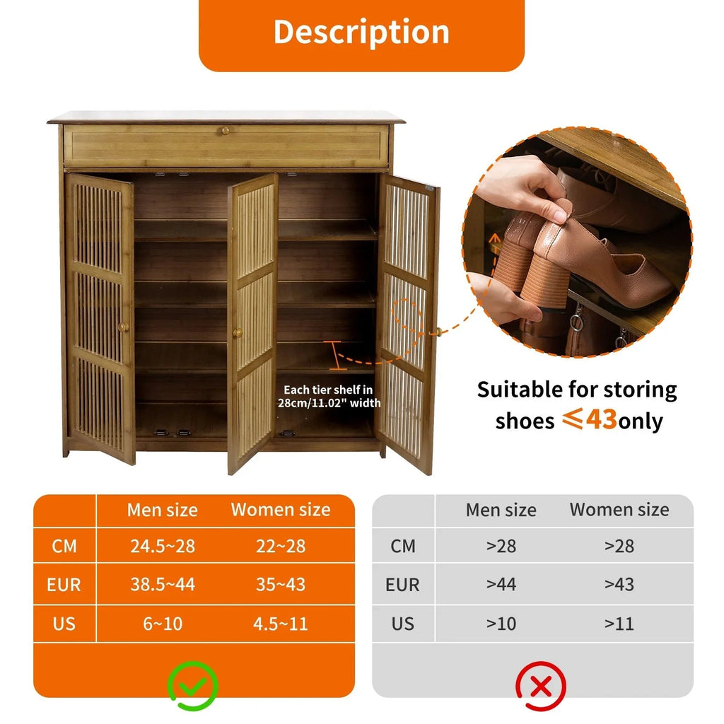 Shoes Rack Cabinet: Vintage Freestanding 4 Tier Shelves Shoe Storage Cabinet with 3 Hollow Doors Shoe Organizer Cabinet for Entryway, Closet, Hallway House Of Avana [[SKU:HOA-SHO-002]]