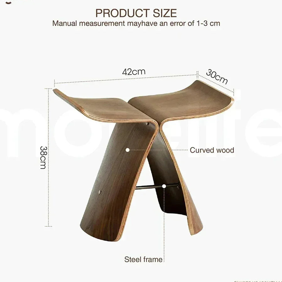 Curved solid wood small stool ottoman with sleek steel frame for apartment living spaces and storage use