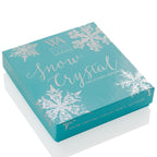 Teal box with snowflake designs and 'Snow Crystal' text on a white background