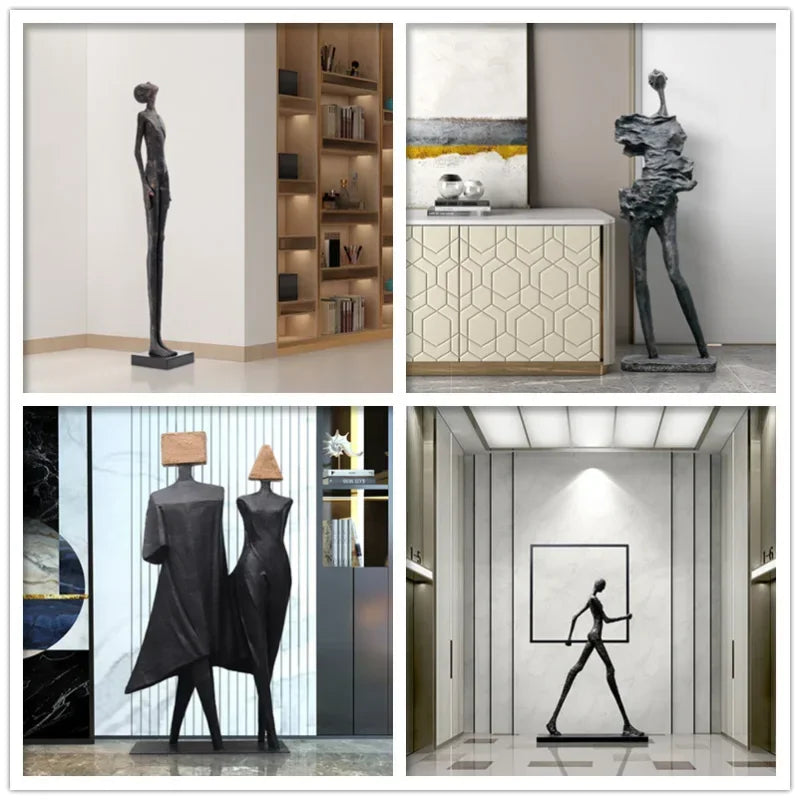 Black abstract human figure sculptures with minimalist design complement sofa cushion home decor for living room