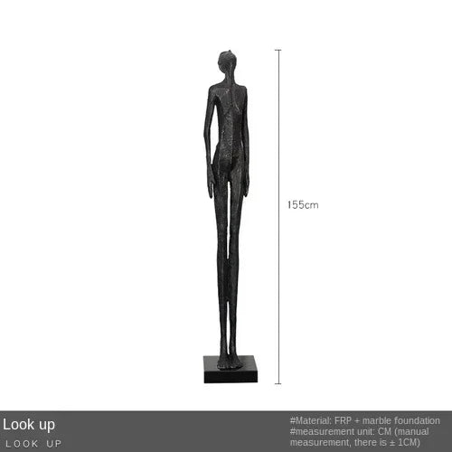 Black abstract human figure sculpture 155cm tall made of frp with marble base for living room home decor