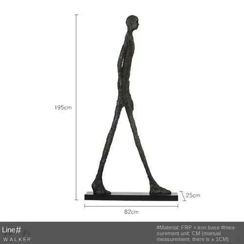 Black frp walker sculpture with elongated limbs and textured surface on iron base for living room home decor
