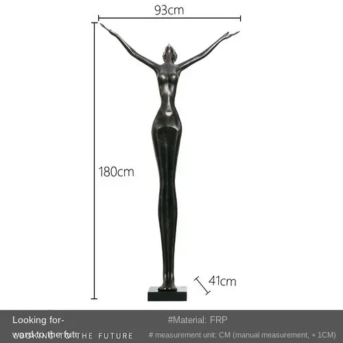 Black frp sculpture of a woman with arms outstretched on a rectangular base for living room home decor