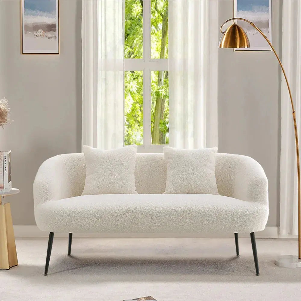 Leather 2-seater White Sofa with Armrests and Throw Pillows, dimensions view - House Of Avana