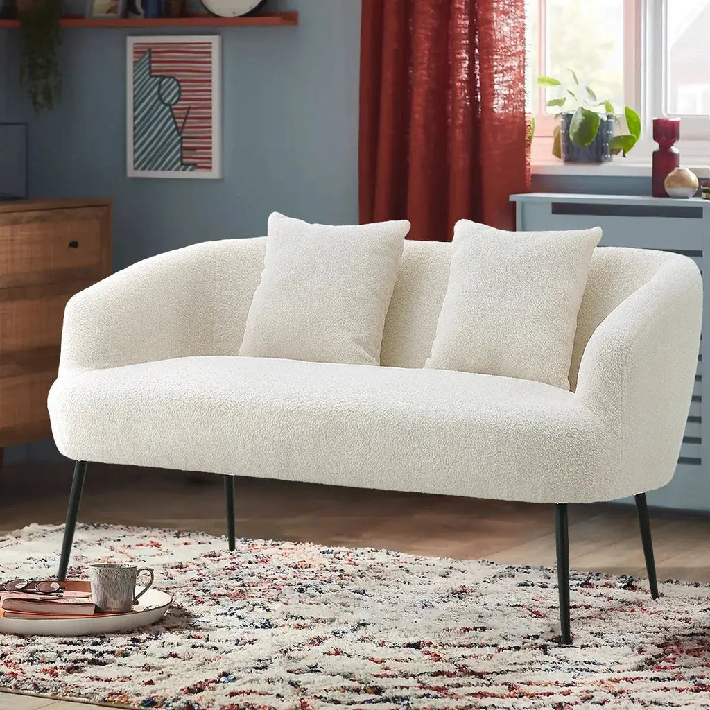 Leather 2-seater White Sofa with Armrests and Throw Pillows, top view - House Of Avana