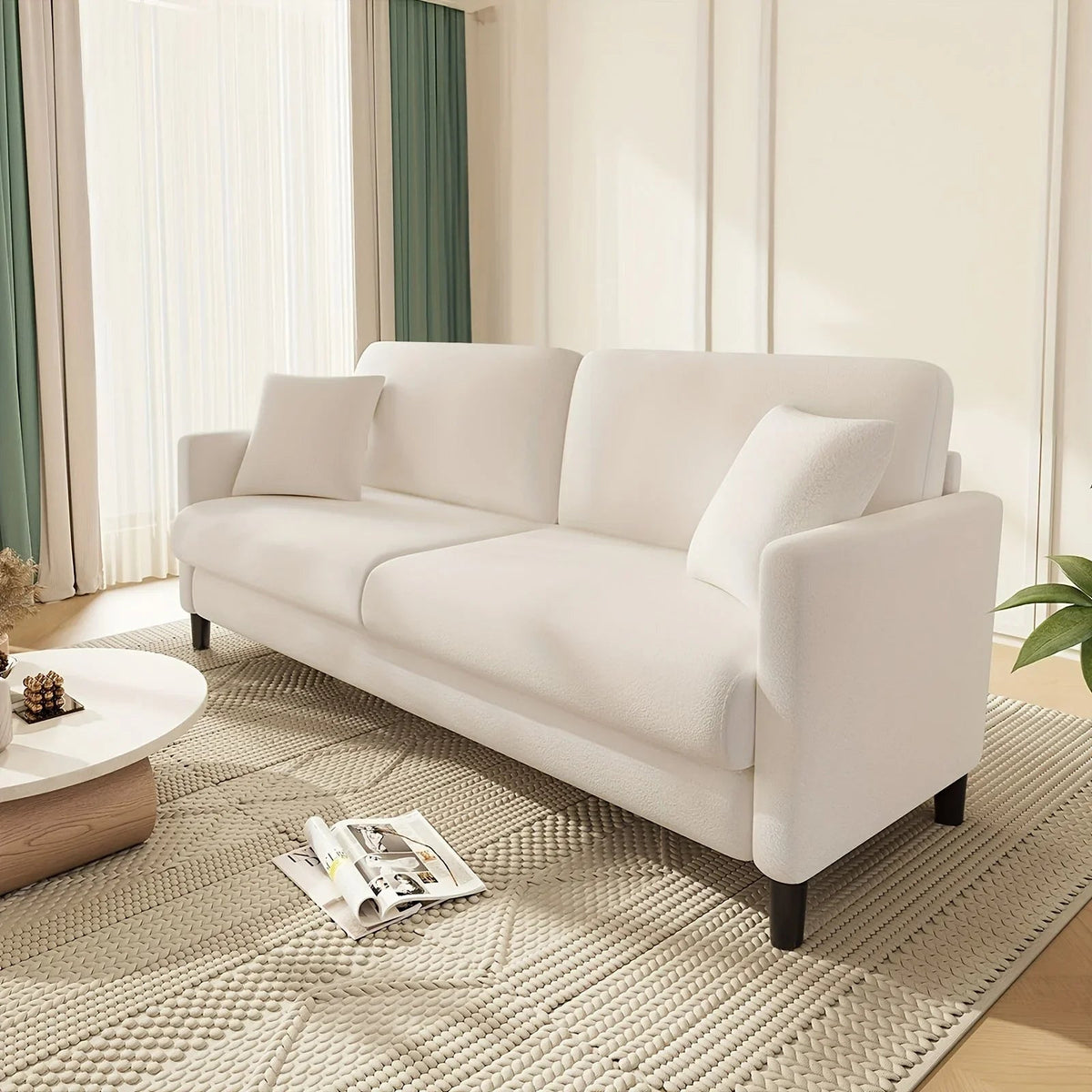 Modern 3-Seater Teddy Velvet Sofa with Pillows – Comfortable Fleece Love Seat for Living Room, Bedroom, or Home Office, Hardwood Frame, White Upholstery, Mid-Century Design, Home Office Couch | Elegant Velvet Sofa | Plush C House Of Avana [[SKU:HOA-SOF-006]]