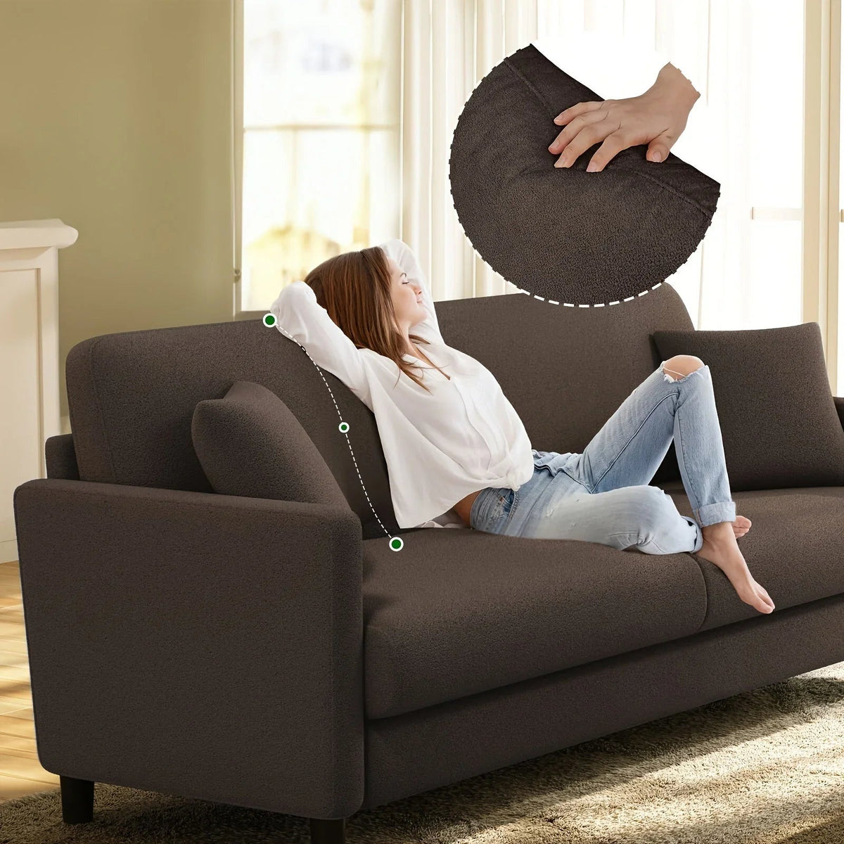 Modern 3-Seater Teddy Velvet Sofa with Pillows – Comfortable Fleece Love Seat for Living Room, Bedroom, or Home Office, Hardwood Frame, White Upholstery, Mid-Century Design, Home Office Couch | Elegant Velvet Sofa | Plush C House Of Avana [[SKU:HOA-SOF-006]]