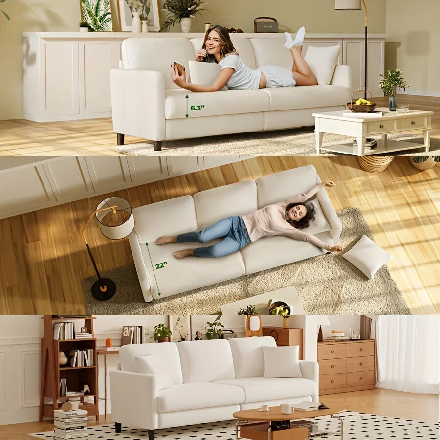 Modern 3-Seater Teddy Velvet Sofa with Pillows – Comfortable Fleece Love Seat for Living Room, Bedroom, or Home Office, Hardwood Frame, White Upholstery, Mid-Century Design, Home Office Couch | Elegant Velvet Sofa | Plush C House Of Avana