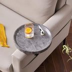 Gray marble-patterned round sofa tray table with sleek modern design ideal for small spaces and compact areas