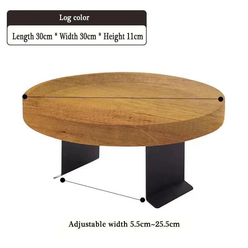 Round wooden sofa tray table with black metal legs designed for small spaces and versatile use as a tray table