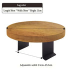 Round wooden sofa tray table with black metal legs designed for small spaces and versatile use as a tray table
