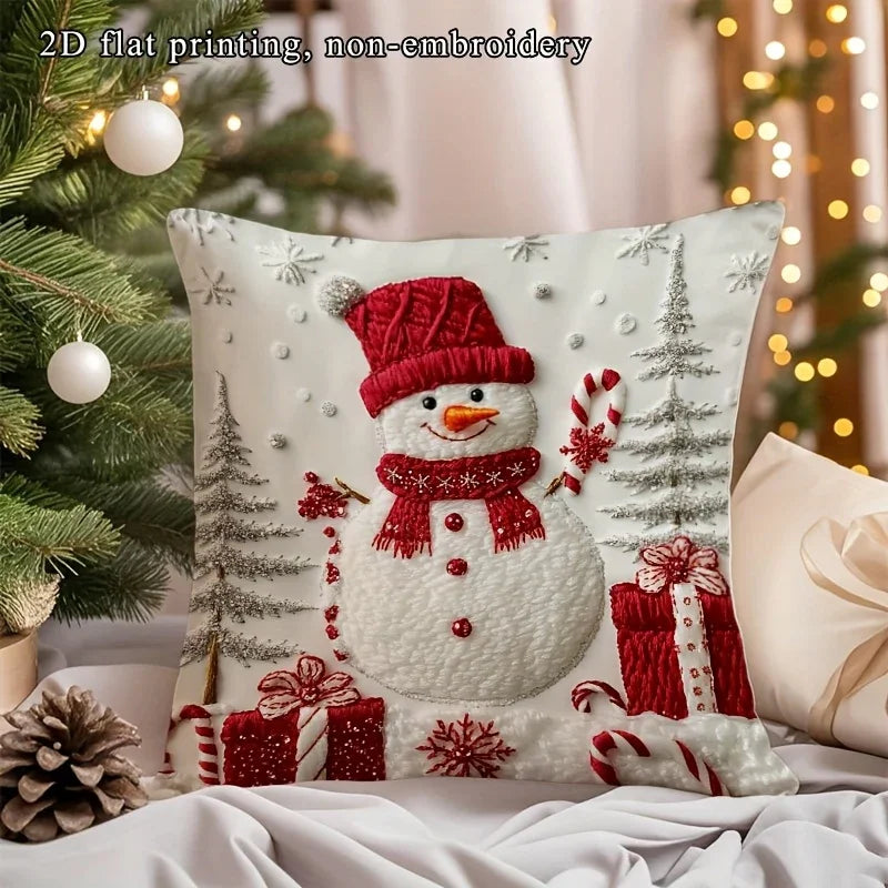 1pc Christmas Throw Pillow Cover - Red & White Snowman with Presents - Soft Cushion Case - Zipper Closure - Machine Washable - for Sofa, Bed, Living Room - Holiday Home Decor Gift - Pillow Insert Not Included, Holiday Decorat House Of Avana