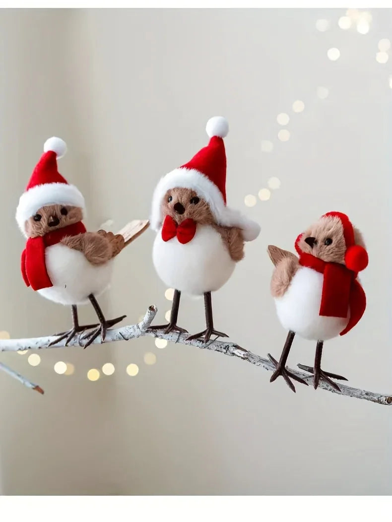 3 different cute plush winter bird ornaments with Santa hats - realistic soft fabric decorations, easily create a festive atmosphere indoors/outdoors (Christmas, Thanksgiving, New Year) - creative handmade gifts and warm holi House Of Avana