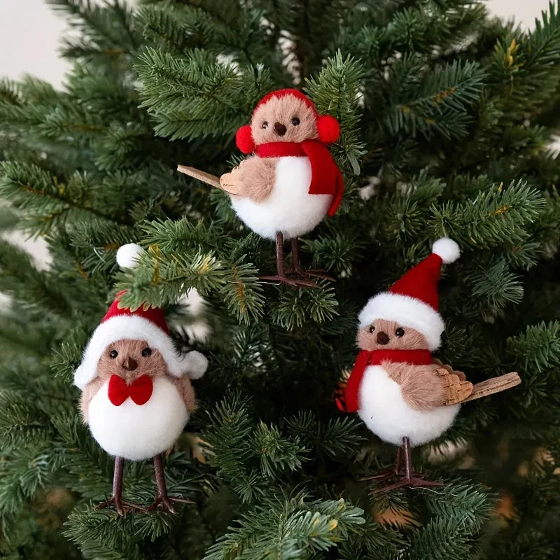 3 different cute plush winter bird ornaments with Santa hats - realistic soft fabric decorations, easily create a festive atmosphere indoors/outdoors (Christmas, Thanksgiving, New Year) - creative handmade gifts and warm holi House Of Avana