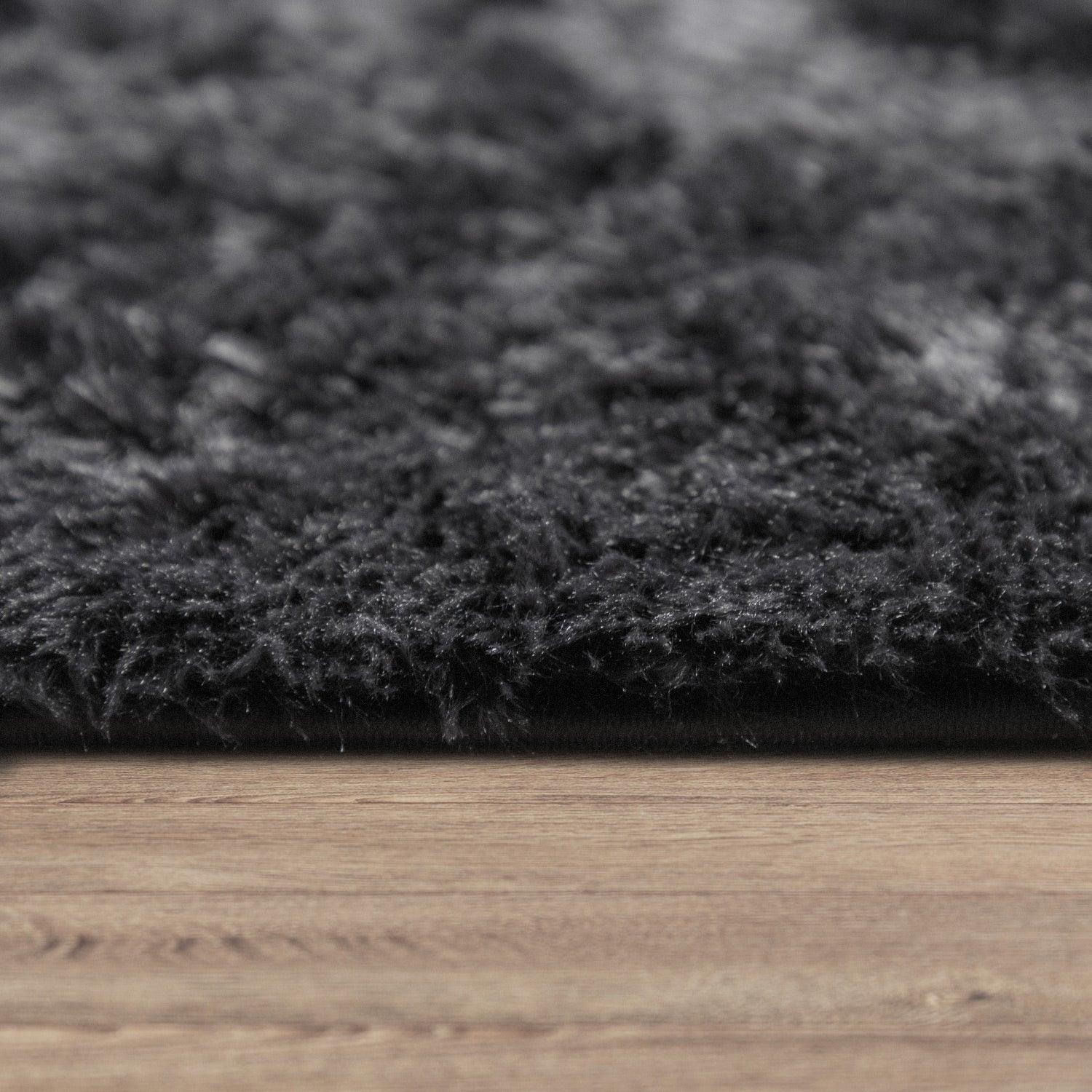 Solid Shag Rug Silky Soft & Fluffy in Black, side view - House Of Avana