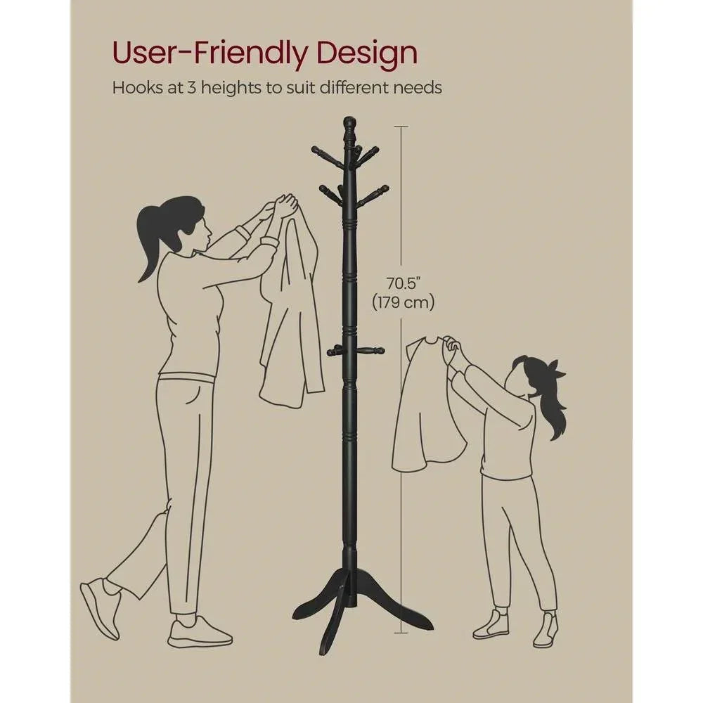 Solid Wood Coat Rack with 10 Hooks in Black Finish