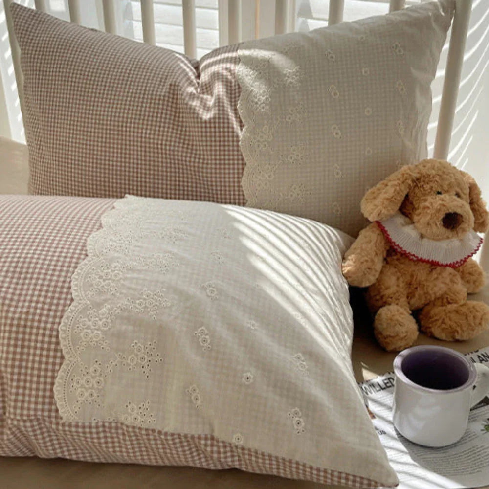 Sophia Gingham Lace Washed Cotton Bedding Set / Blue Ever Lasting