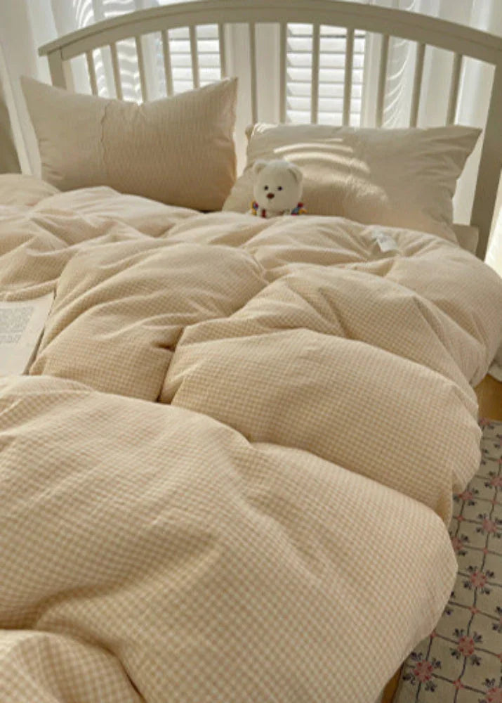 Sophia Gingham Lace Washed Cotton Bedding Set / Blue Ever Lasting