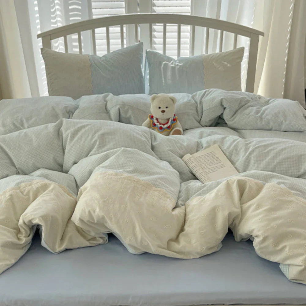 Sophia Gingham Lace Washed Cotton Bedding Set / Blue Ever Lasting