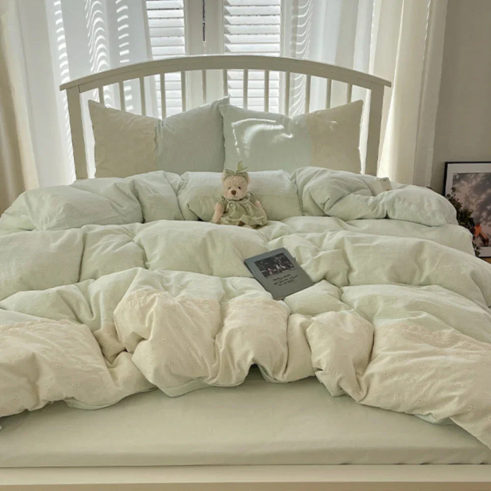Sophia Gingham Lace Washed Cotton Bedding Set / Blue Ever Lasting
