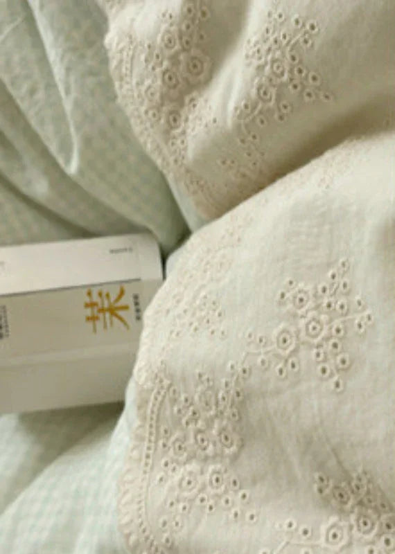 Sophia Gingham Lace Washed Cotton Bedding Set / Blue Ever Lasting