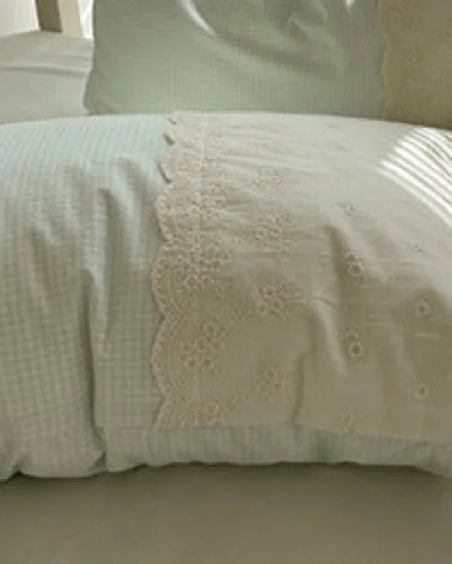Sophia Gingham Lace Washed Cotton Bedding Set / Blue Ever Lasting