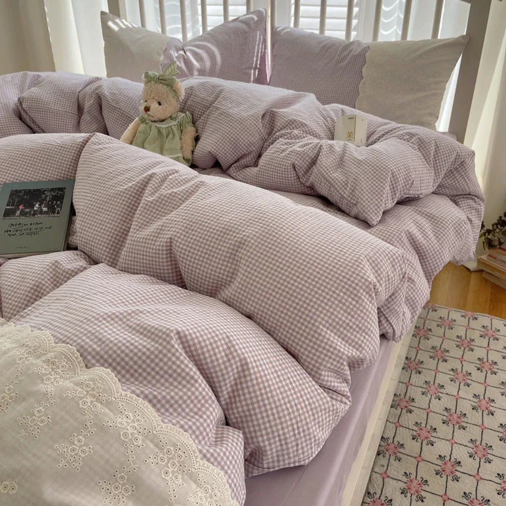 Sophia Gingham Lace Washed Cotton Bedding Set / Blue Ever Lasting