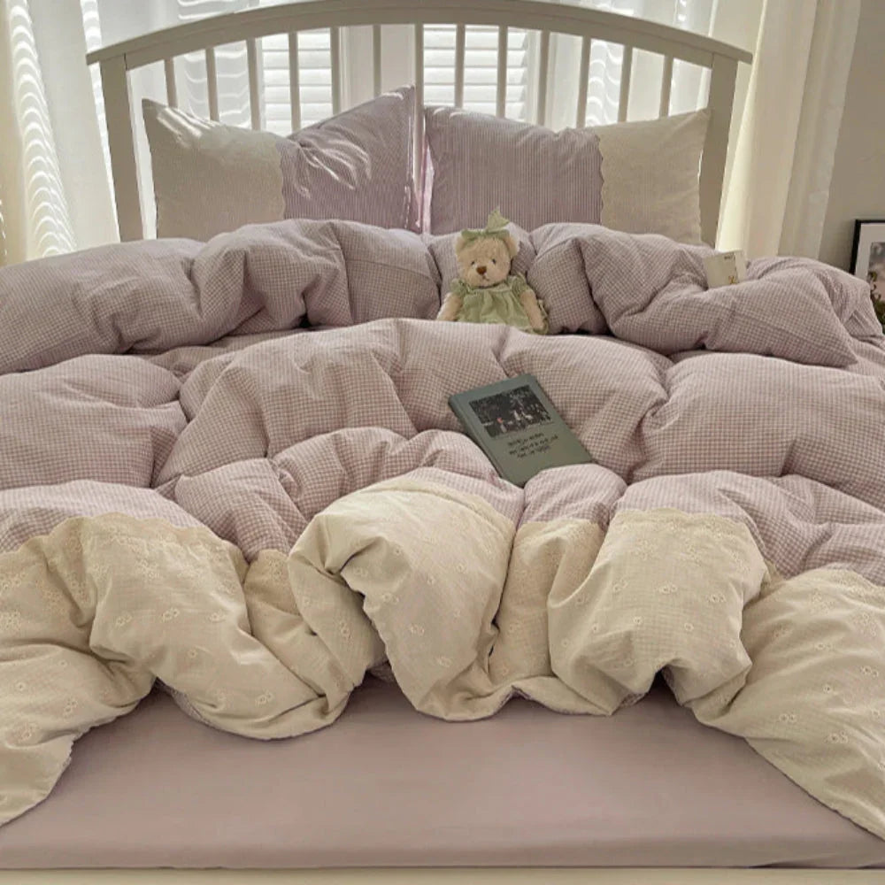 Sophia Gingham Lace Washed Cotton Bedding Set / Blue Ever Lasting
