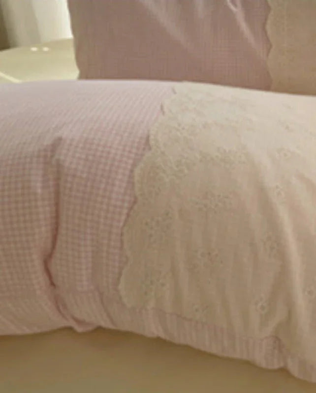Sophia Gingham Lace Washed Cotton Bedding Set / Blue Ever Lasting