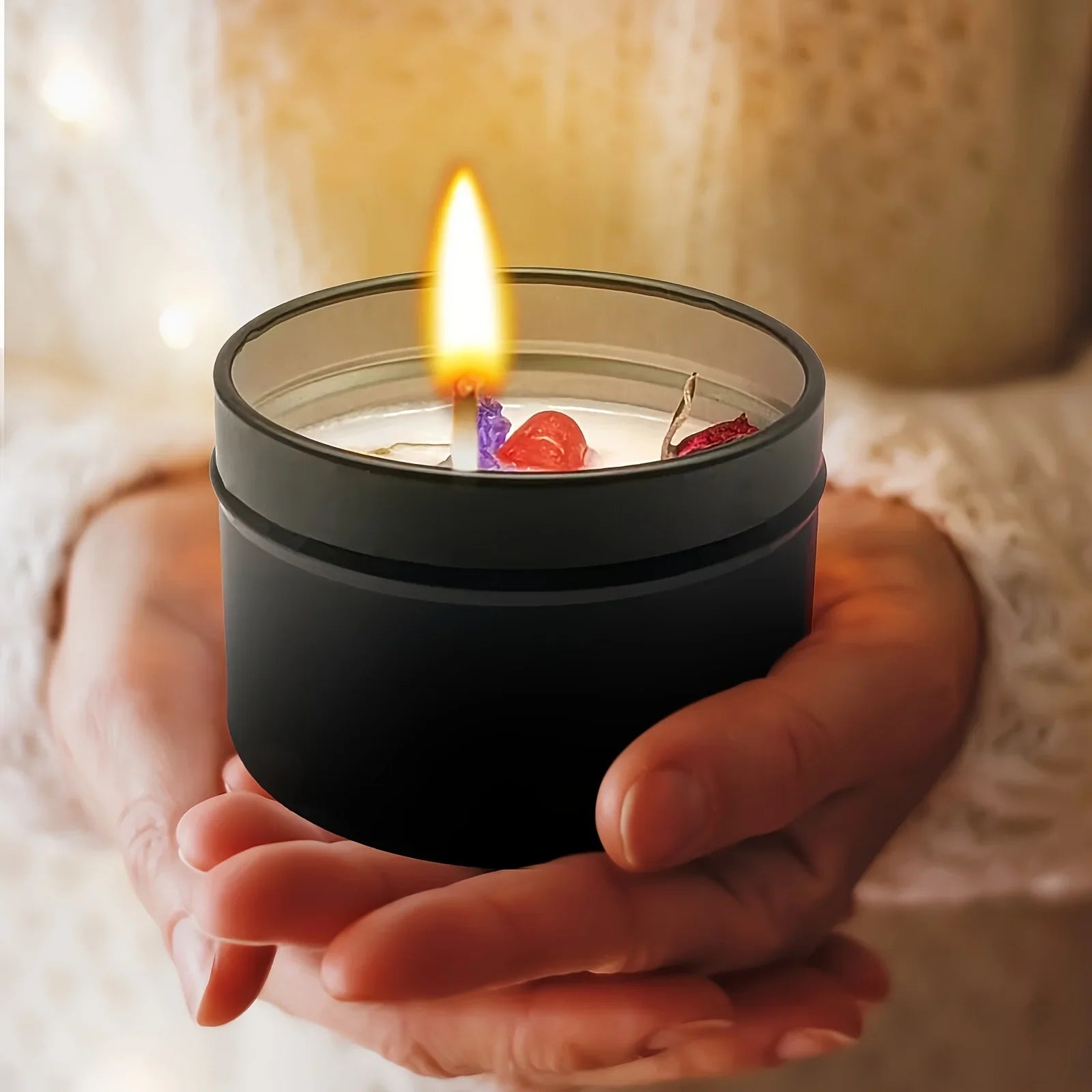 Soy Wax Candle in Black Metal Jar Long Burning, lifestyle image - House Of Avana
