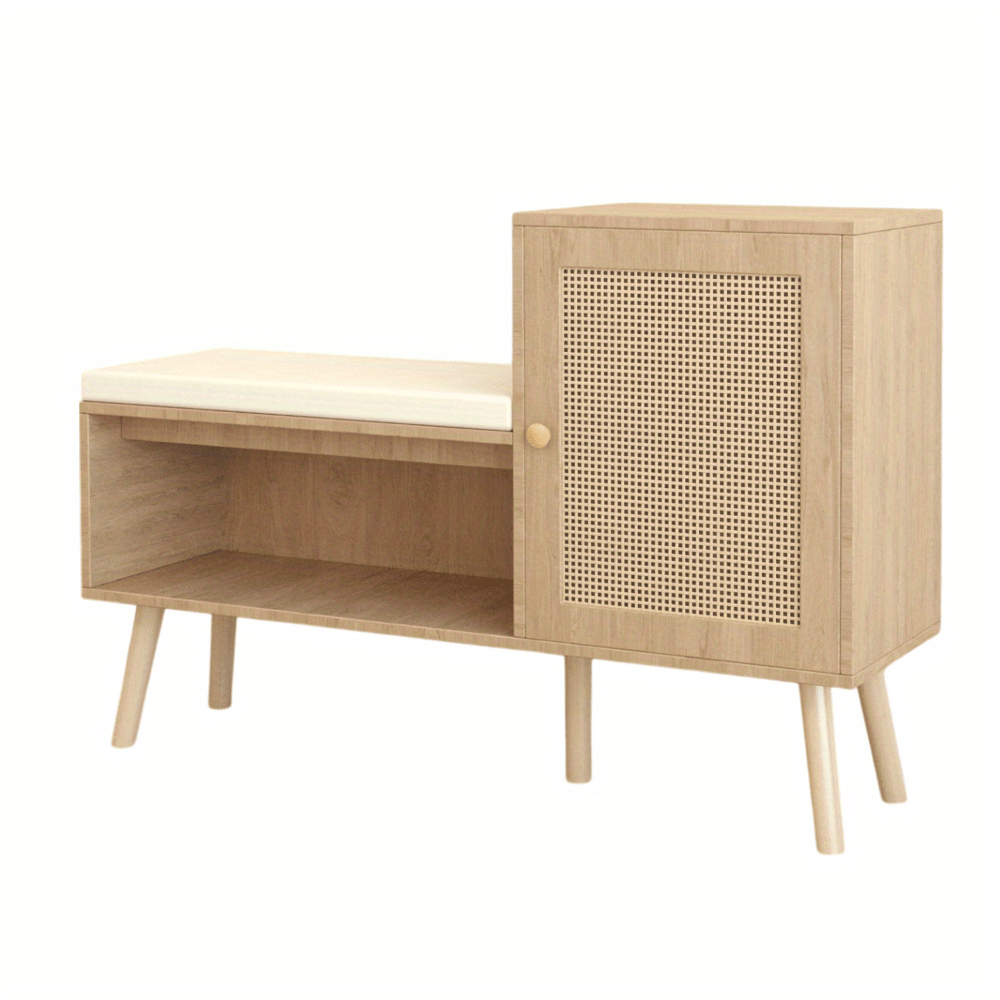 2-in-1 Shoe Storage Bench with Natural Rattan Accents, Adjustable Shelves & Removable Seat Cushion – Durable Wooden Frame, Ideal for Entryway, Hallway, Bedroom – Space-Saving Organizer with Decorative Faux Rattan Design House Of Avana