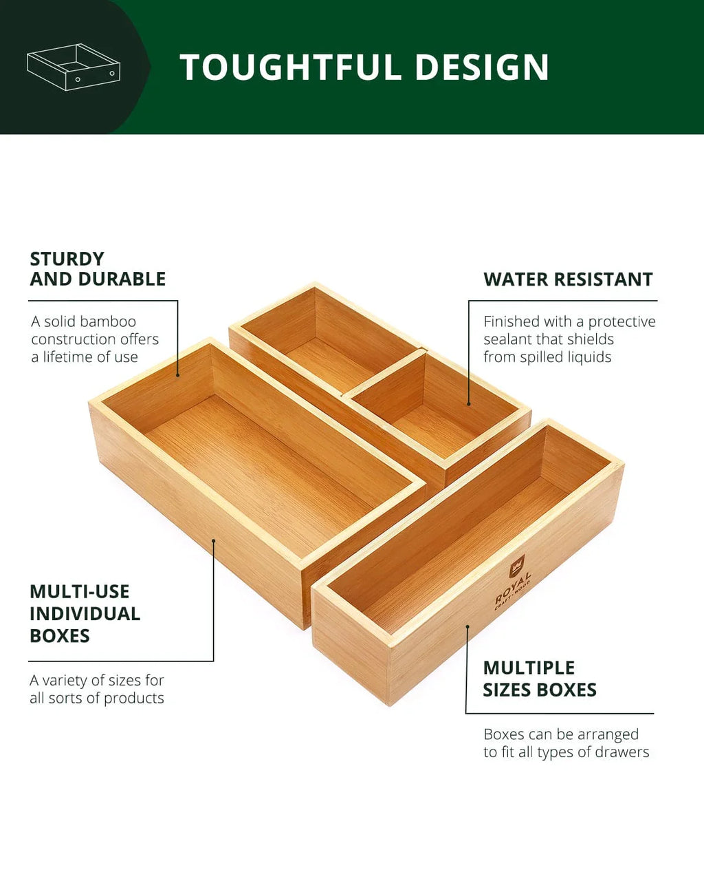 Storage Box Set of 3, Natural Royal Craft Wood
