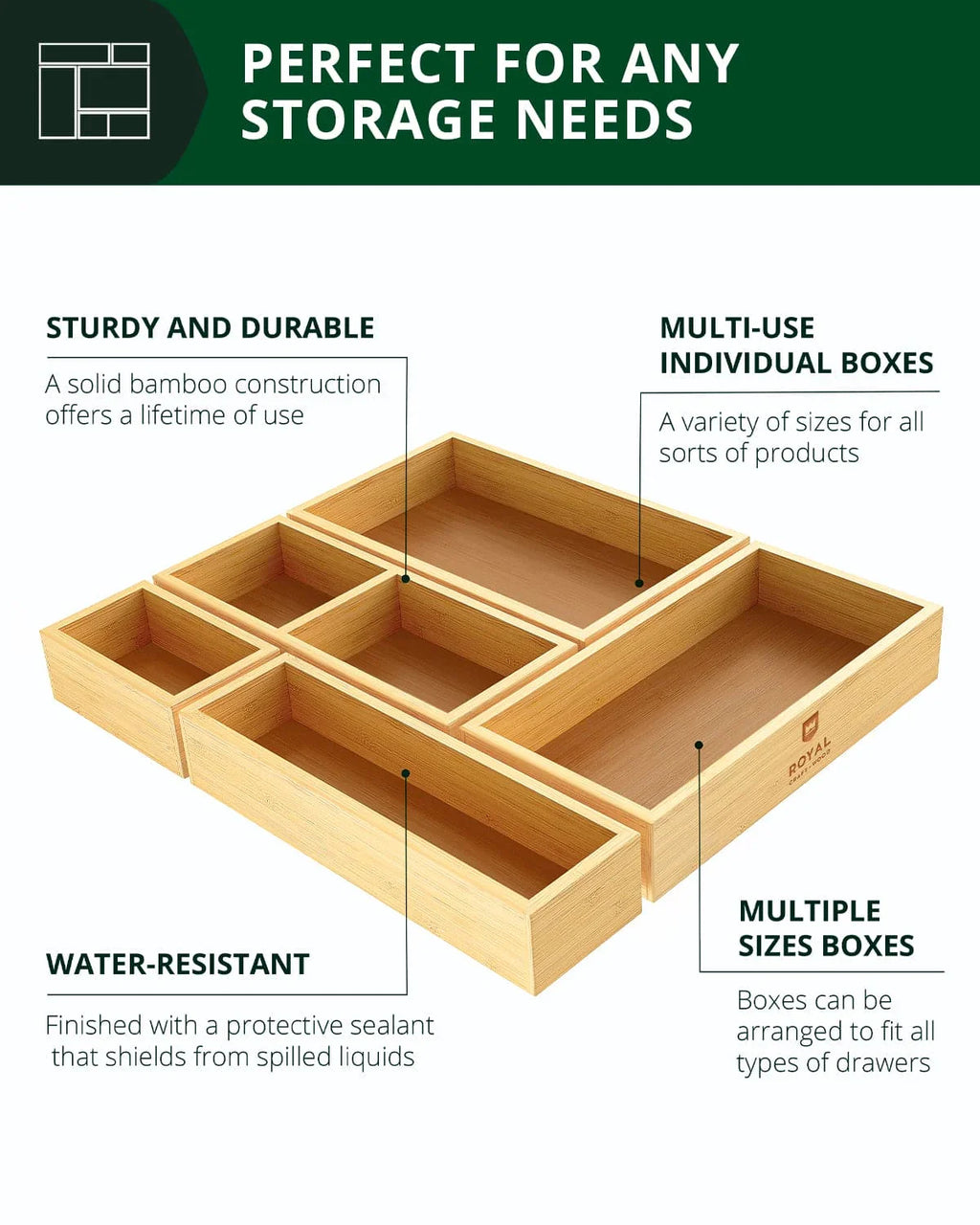 Storage Box Set of 5, Natural Royal Craft Wood