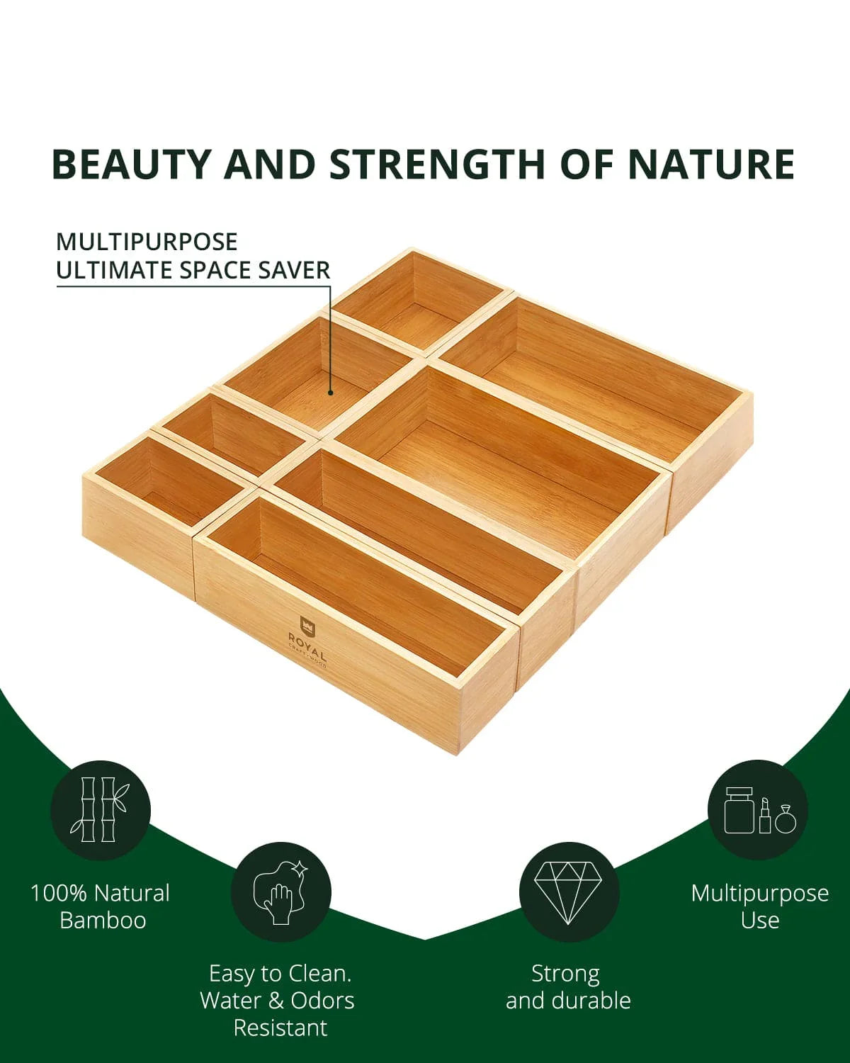 Storage Box Set of 8, Natural Royal Craft Wood