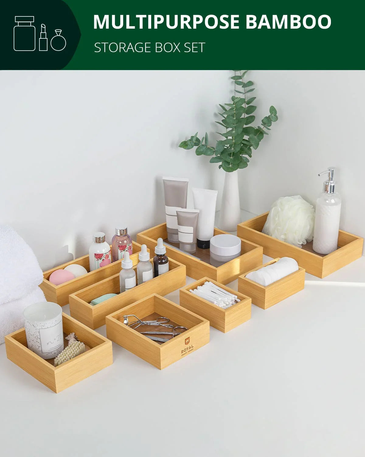 Storage Box Set of 8, Natural Royal Craft Wood