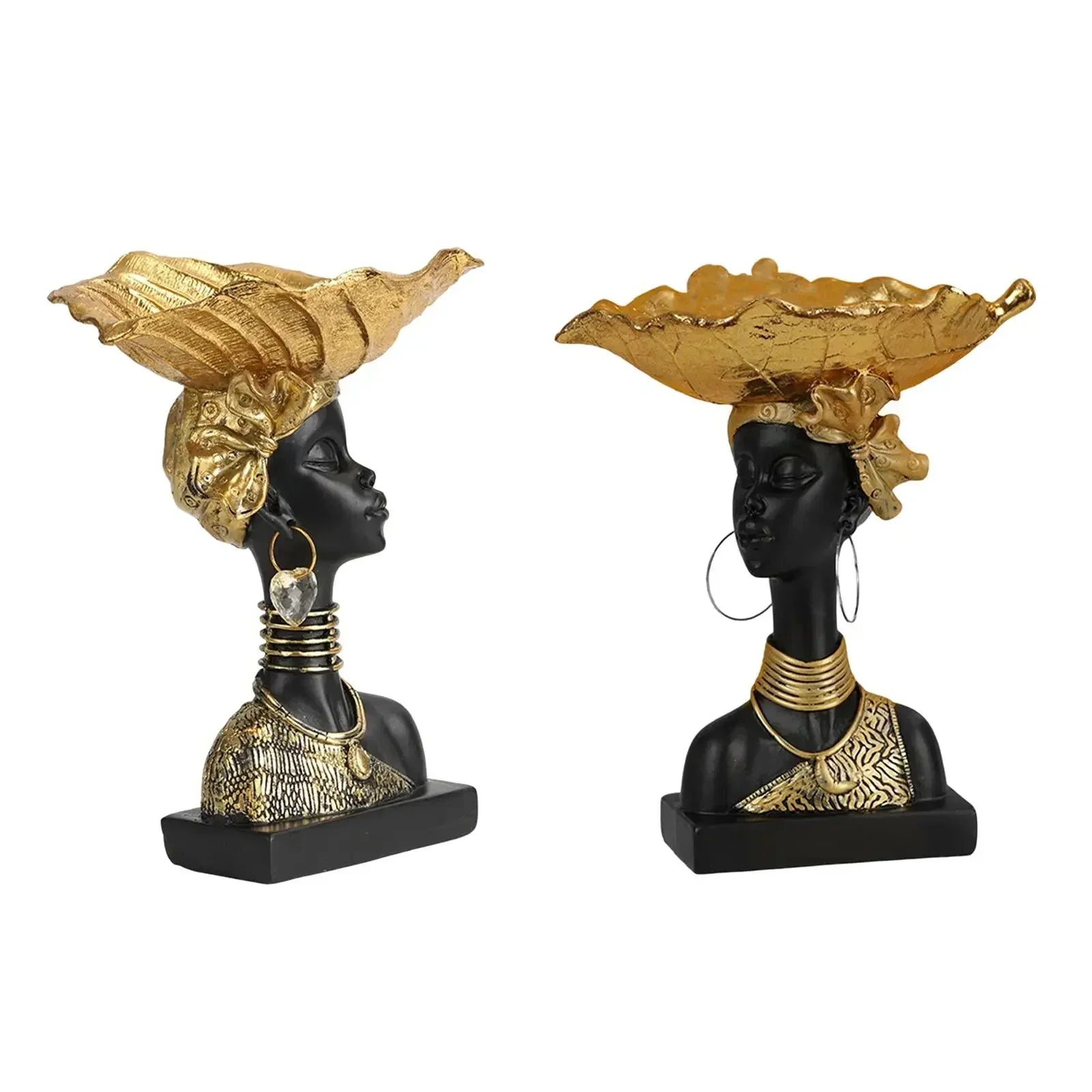 Decorative wooden storage tray featuring black resin busts with gold leaf headdresses in modern style design