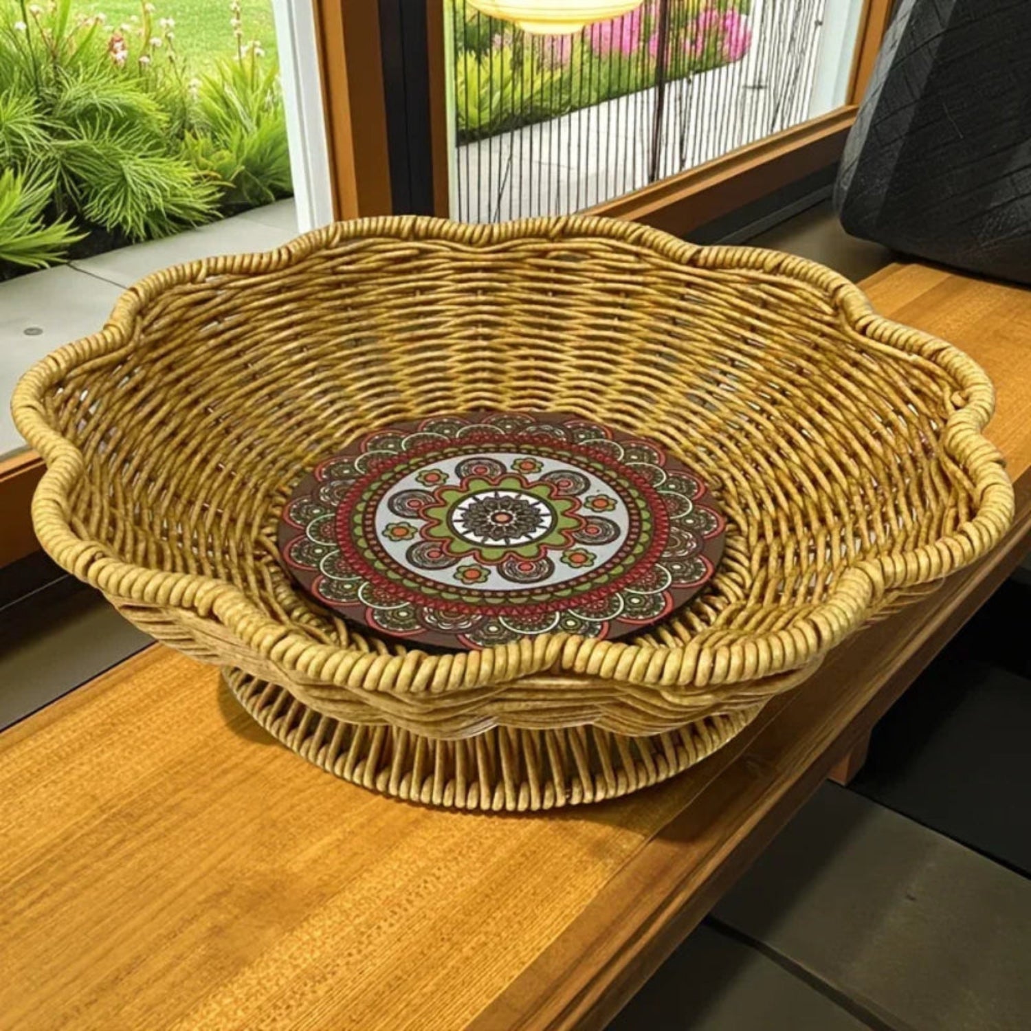 A Handcrafted Woven Storage Tray in a High-foot Wave Shape, Featuring a Bohemian Pattern. This Basket Is... - House Of Avana