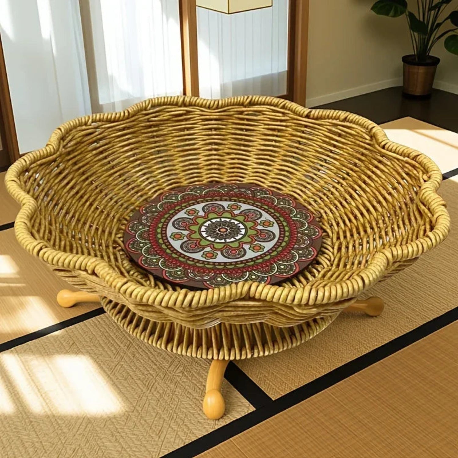 A Handcrafted Woven Storage Tray in a High-foot Wave Shape, Featuring a Bohemian Pattern. This Basket Is... - House Of Avana