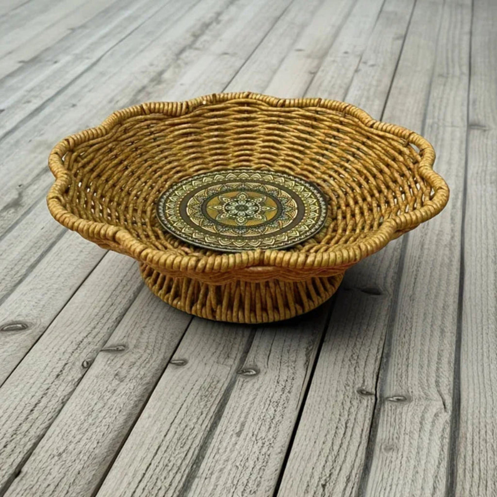 A Handcrafted Woven Storage Tray in a High-foot Wave Shape, Featuring a Bohemian Pattern. This Basket Is... - House Of Avana