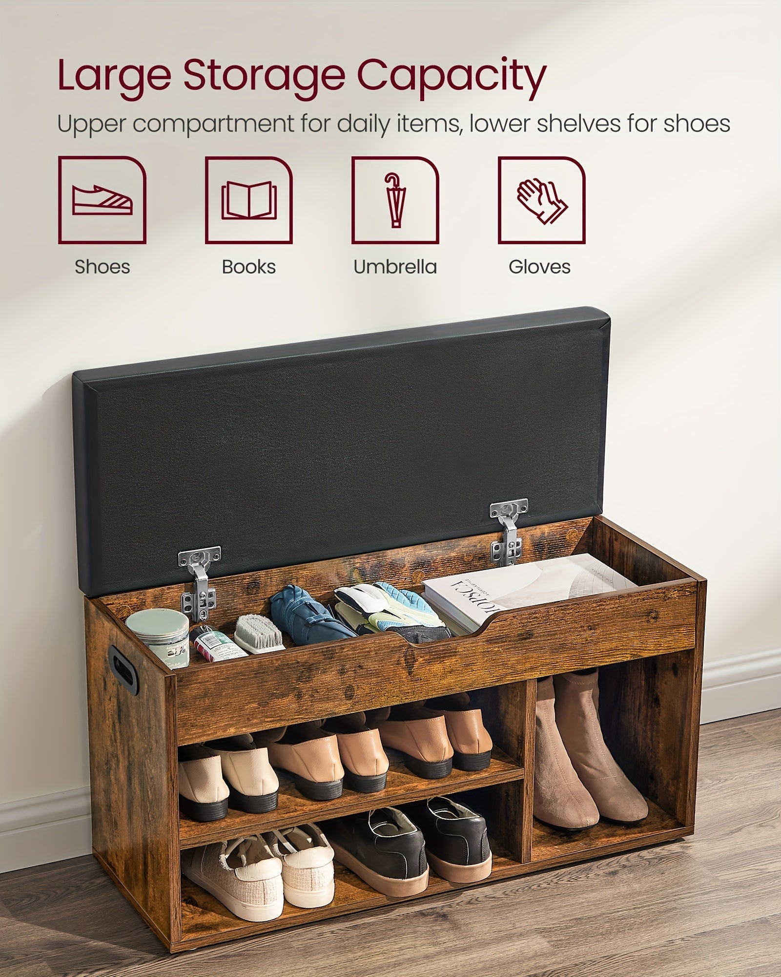 Extra Long Shoe Storage Bench With Cushioned Seat - 39.4 Inch Entryway Organizer, Hidden Storage Ottoman For Living Room, Holds 300lbs House Of Avana