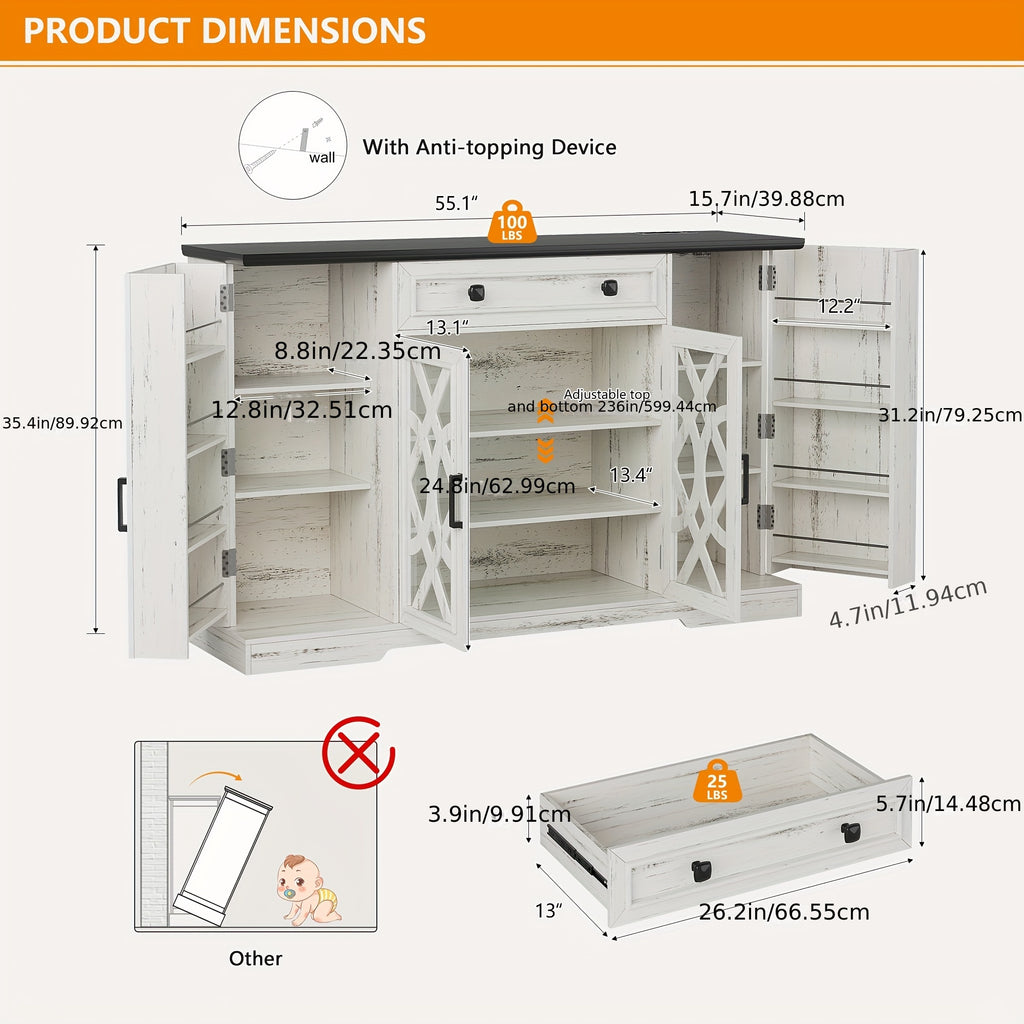 Wooden cabinet with dimensions and safety features highlighted