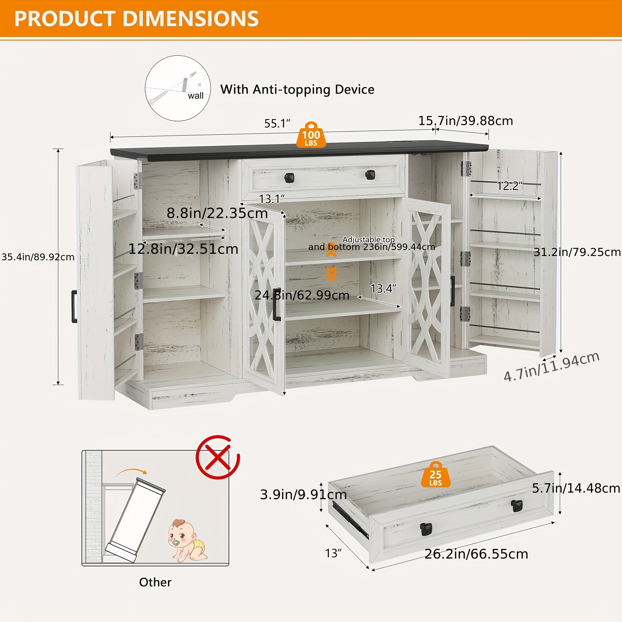 Wooden cabinet with dimensions and safety features highlighted