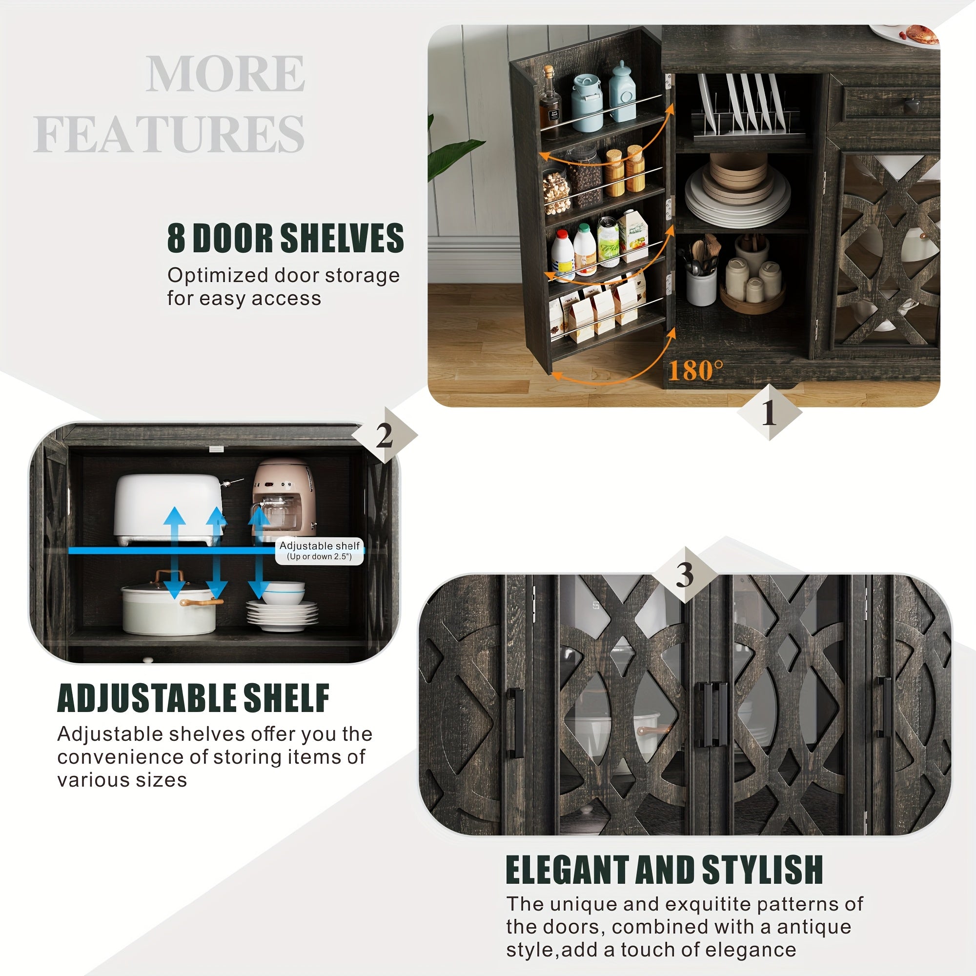 Storage cabinet with adjustable shelves and decorative patterns, featuring text on features.