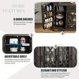Storage cabinet with adjustable shelves and decorative patterns, featuring text on features.