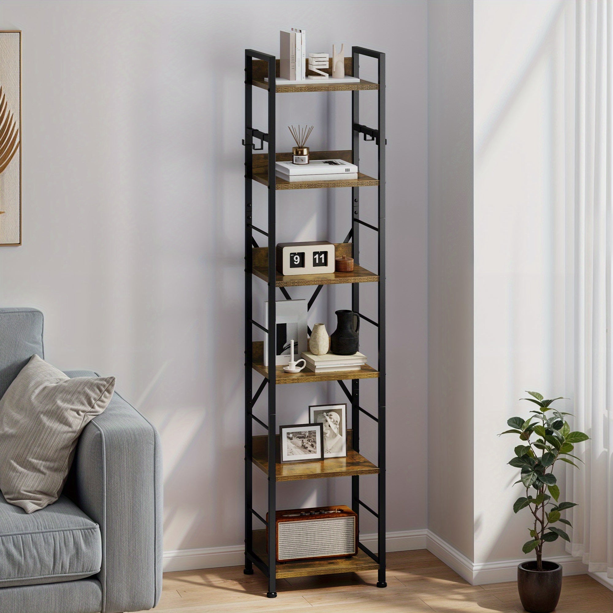 Rustic Brown Bookshelf Bookcase 6 Tiers, Floor Standing Book Shelf with 4 Hooks, Wooden Shelf and Metal Frame Book Rack Industrial Tall Shelf Unit Storage for Living Room, Home Office House Of Avana