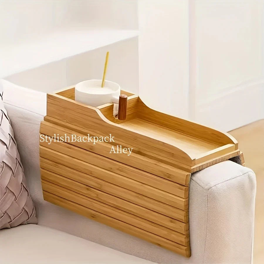 Stylish Bamboo Sofa Armrest Tray with Cup Holder - Anti-Fall Design, Foldable Storage Table for Snacks, Phones, Beverages & Cups, Contemporary Home Accessory, Beverage Tray | Modern Bamboo Tray | Foldable Tray House Of Avana