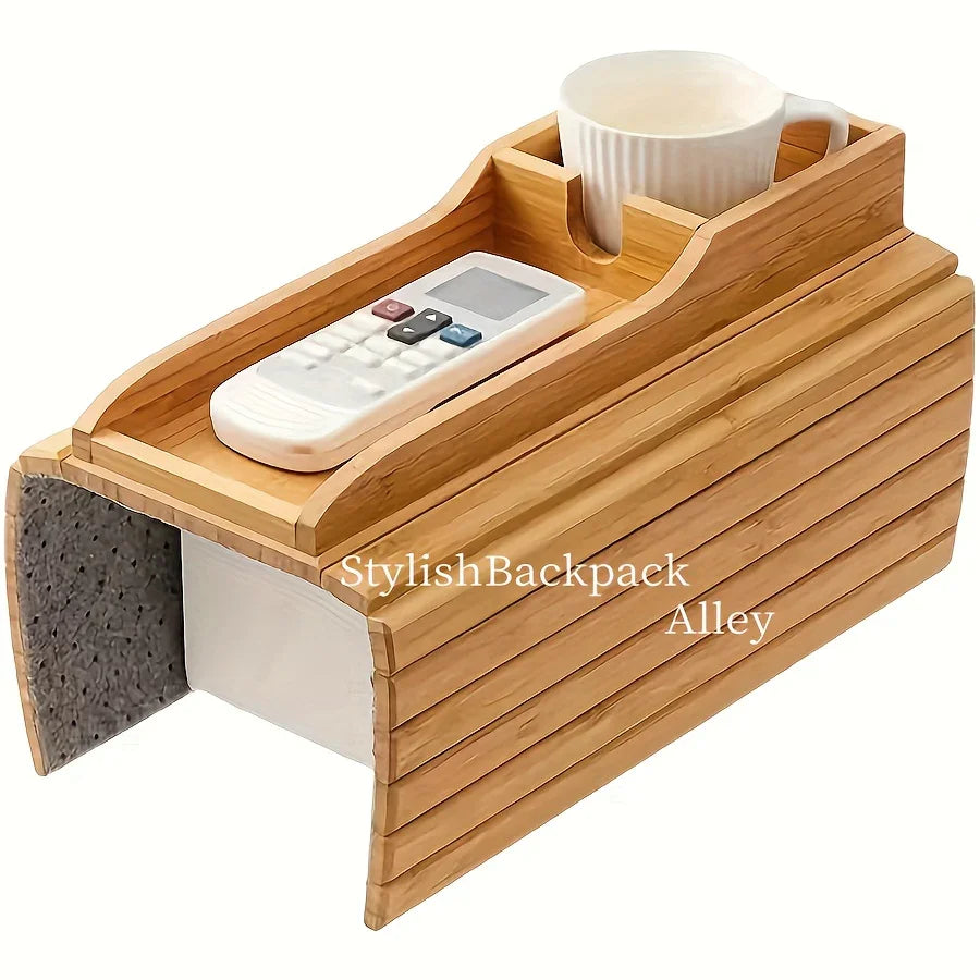 Stylish Bamboo Sofa Armrest Tray with Cup Holder - Anti-Fall Design, Foldable Storage Table for Snacks, Phones, Beverages & Cups, Contemporary Home Accessory, Beverage Tray | Modern Bamboo Tray | Foldable Tray House Of Avana