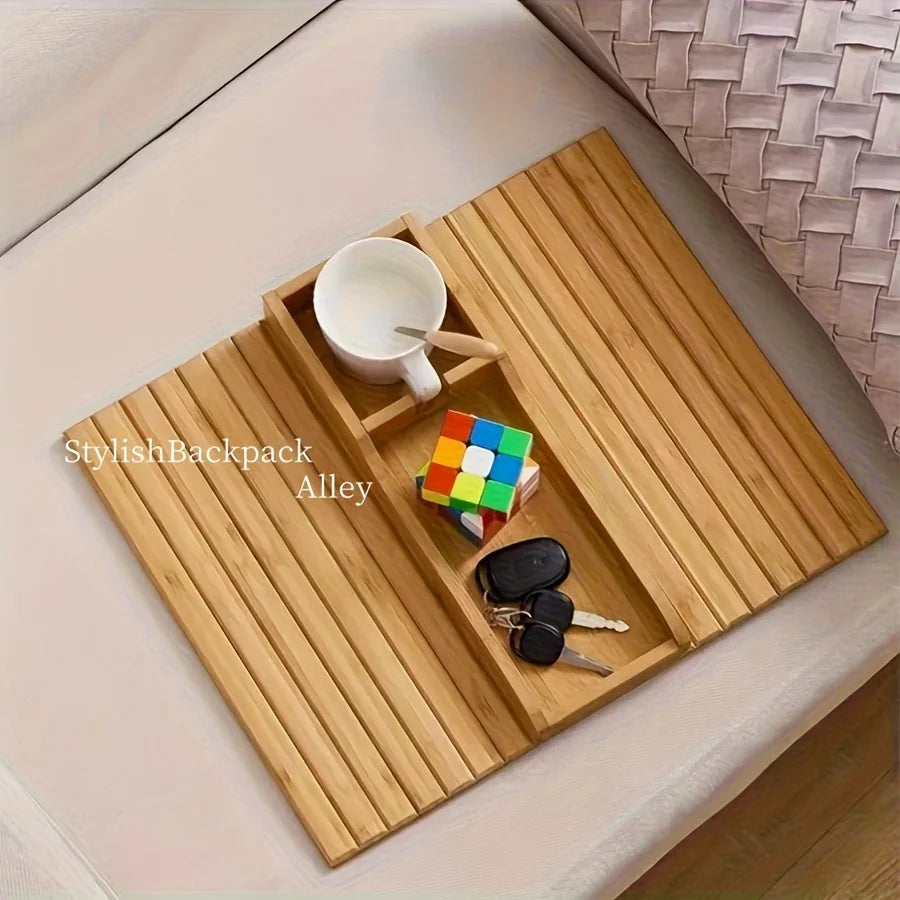 Stylish Bamboo Sofa Armrest Tray with Cup Holder - Anti-Fall Design, Foldable Storage Table for Snacks, Phones, Beverages & Cups, Contemporary Home Accessory, Beverage Tray | Modern Bamboo Tray | Foldable Tray House Of Avana