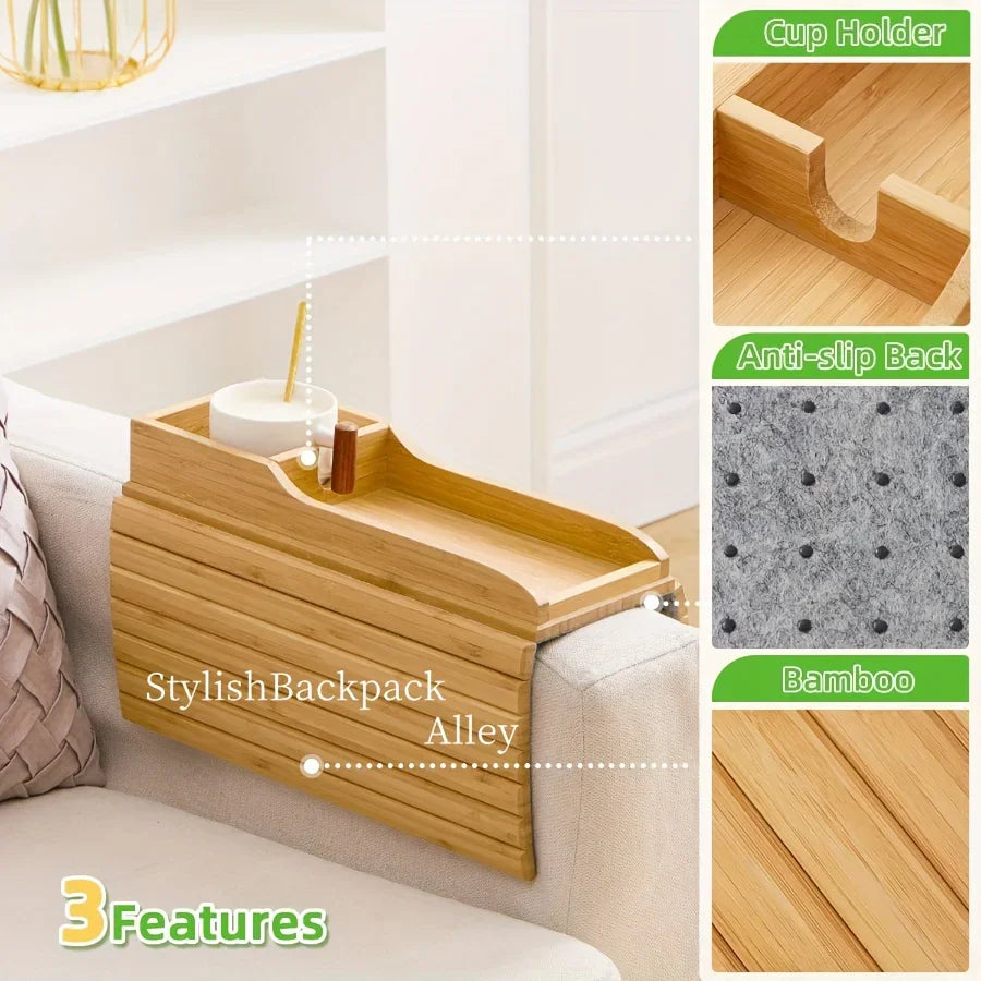 Stylish Bamboo Sofa Armrest Tray with Cup Holder - Anti-Fall Design, Foldable Storage Table for Snacks, Phones, Beverages & Cups, Contemporary Home Accessory, Beverage Tray | Modern Bamboo Tray | Foldable Tray House Of Avana
