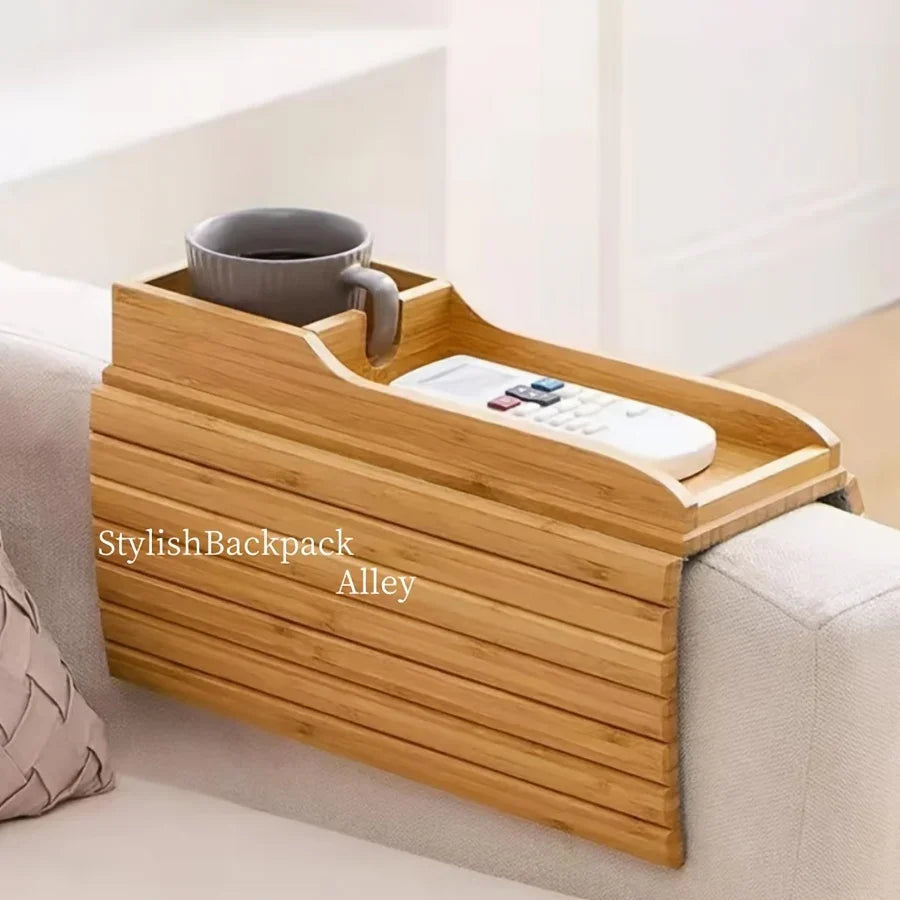 Stylish Bamboo Sofa Armrest Tray with Cup Holder - Anti-Fall Design, Foldable Storage Table for Snacks, Phones, Beverages & Cups, Contemporary Home Accessory, Beverage Tray | Modern Bamboo Tray | Foldable Tray House Of Avana